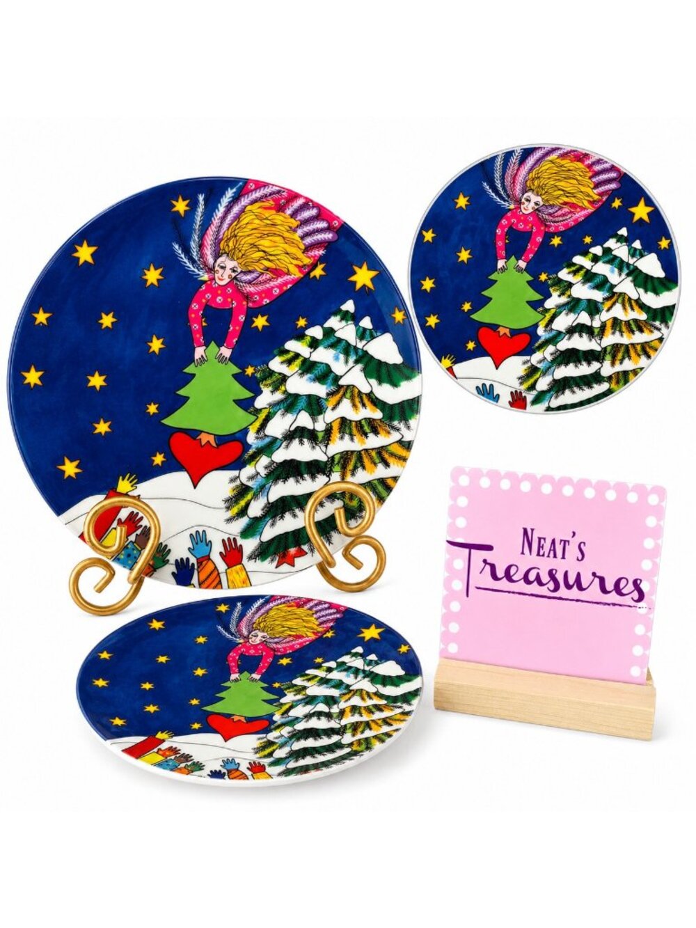 Vintage Kiki 1997 CHRISTMAS LOVE FOR EVERYONE Angel Decorative Salad Plate Set 2